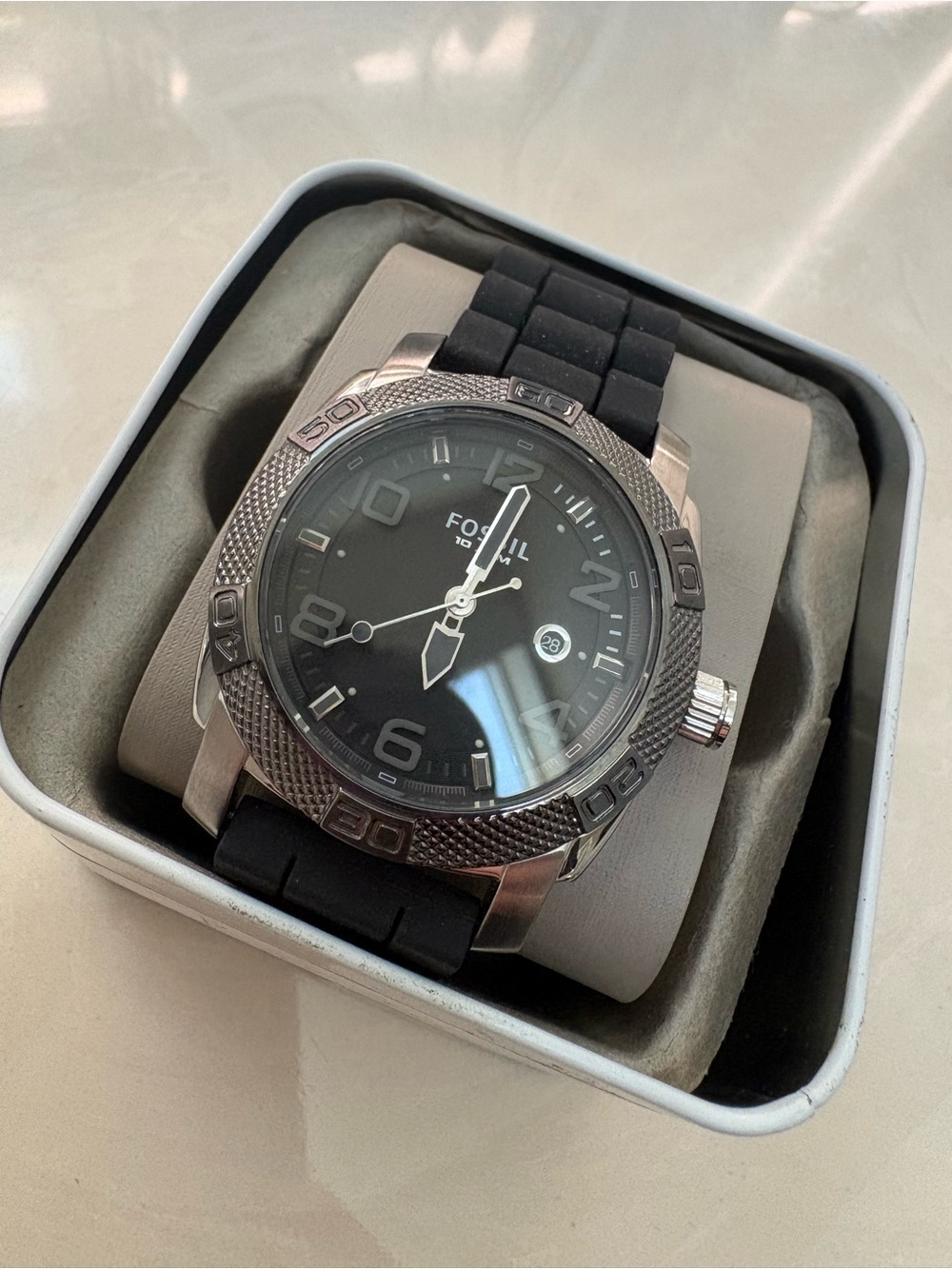 Fossil Men's Black Dial Watch with Silver Case and Black Strap
